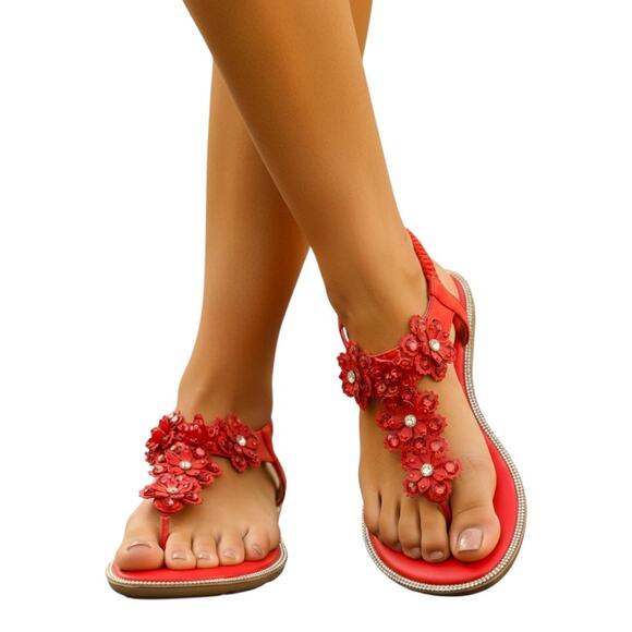Atalina Shoes - Atalina Red Beaded Floral Thong Sandals Size 8W Wide